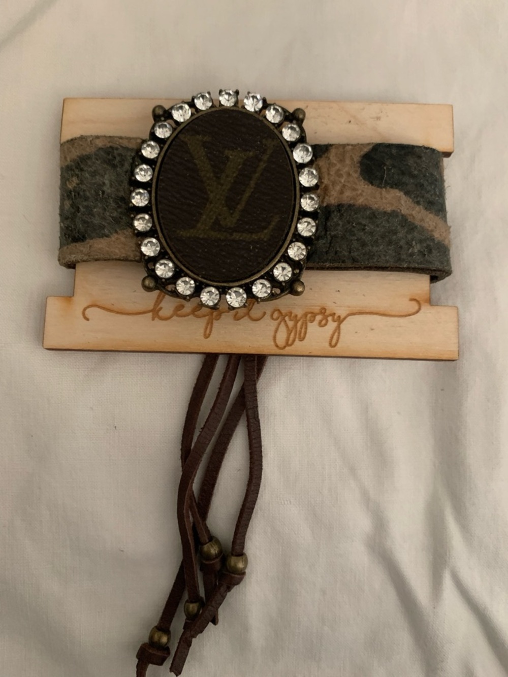 Upcycled Brown and Gray Leather Wrap Bracelet with Rhinestone Emblem